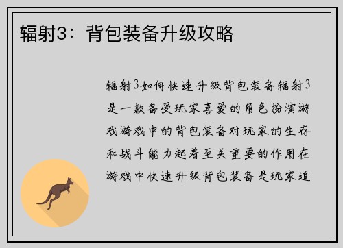 辐射3：背包装备升级攻略