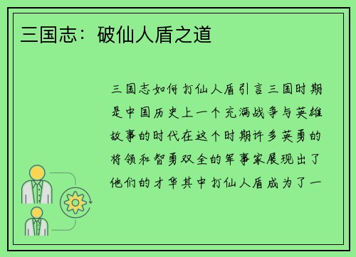 三国志：破仙人盾之道